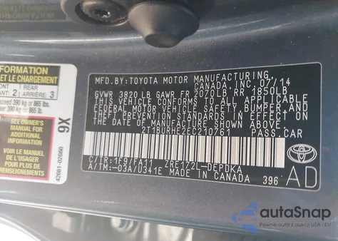 2014 Toyota Corolla L z USA, uszkodzony, nr VIN 2T1BURHE2EC210761